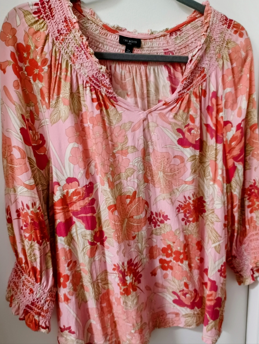 Talbots Pink and Coral Floral Smocked-Neck Blouse